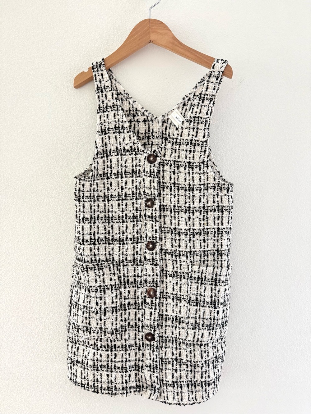 Button-Front Tweed Pinafore Dress - Black & White